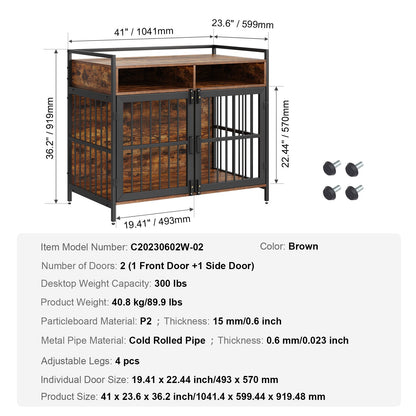 Furniture Style Dog Crate with Storage, 104.1 cm Dog Crate Furniture Large Breed with Double Doors, Wooden Dog Cage for Large/Medium Dog Indoor, Hold up to 31.8 kg, Rustic Brown