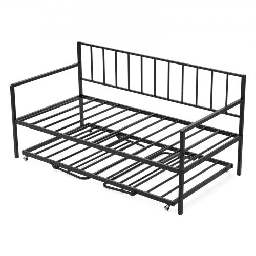 Twin Size Daybed Frame, Height Adjustable Day Bed with Trundle, Heavy Duty Metal Platform Bed Frame with LED Light and Charging Station, Twin Daybed with Metal Slats for Living Room, Bedroom