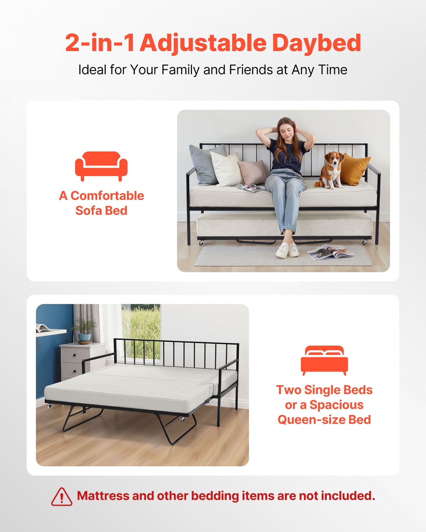 Dubbel dagbäddsram, höjdjusterbar dagbädd med utdragssäng, kraftig metallplattformssängram med LED-ljus och laddningsstation, dubbel dagbädd med metallribbor för vardagsrum, sovrum