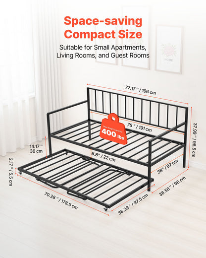 Dubbel dagbäddsram, höjdjusterbar dagbädd med utdragssäng, kraftig metallplattformssängram med LED-ljus och laddningsstation, dubbel dagbädd med metallribbor för vardagsrum, sovrum