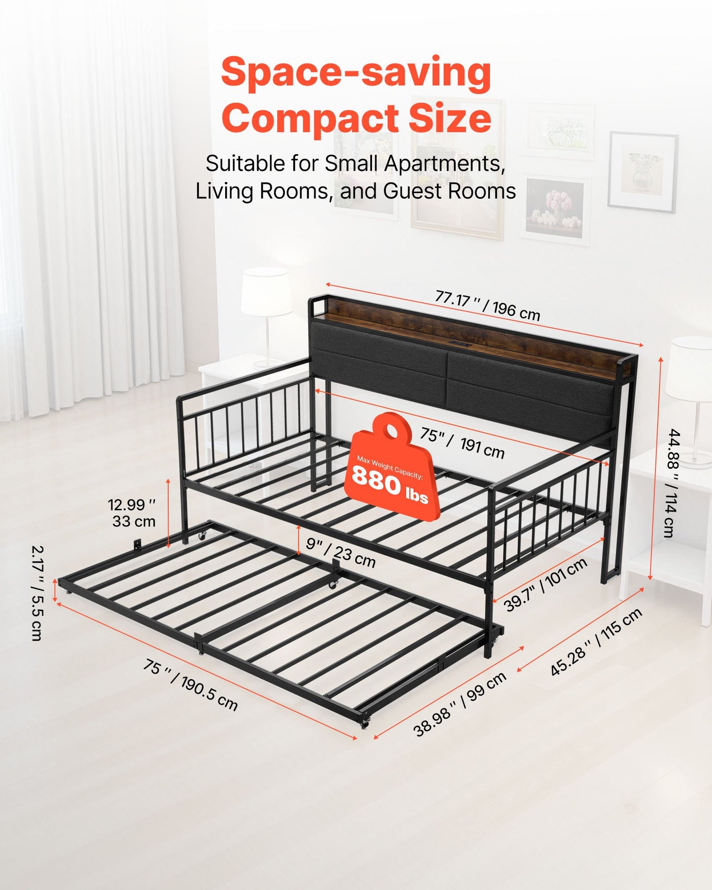 Twin Size Daybed Frame, Day Bed with Trundle, Heavy Duty Metal Platform Bed Frame with Charging Station, Twin Daybed with Metal Slats Support for Living Room, Bedroom, Guest Room, Easy Assembly