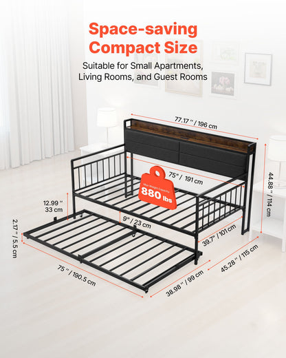 Twin Size Daybed Frame, Day Bed with Trundle, Heavy Duty Metal Platform Bed Frame with Charging Station, Twin Daybed with Metal Slats Support for Living Room, Bedroom, Guest Room, Easy Assembly