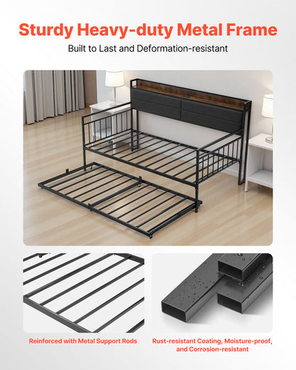 Twin Size Daybed Frame, Day Bed with Trundle, Heavy Duty Metal Platform Bed Frame with Charging Station, Twin Daybed with Metal Slats Support for Living Room, Bedroom, Guest Room, Easy Assembly