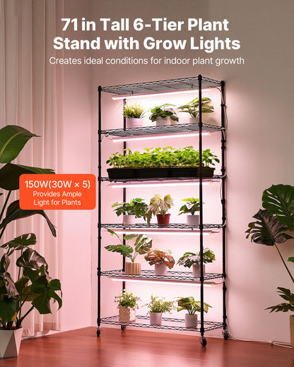 Plant Shelf with Grow Light, 6-Tier Indoor Plant Stand, 180cm Tall Indoor Plants Display Rack with Wheels & Timer, 150W 3800K Full Spectrum Grow Lights, Metal Flower Pot Holder for Seed Starting
