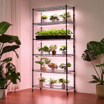 Plant Shelf with Grow Light, 6-Tier Indoor Plant Stand, 180cm Tall Indoor Plants Display Rack with Wheels & Timer, 150W 3800K Full Spectrum Grow Lights, Metal Flower Pot Holder for Seed Starting
