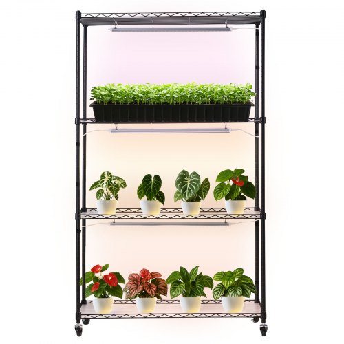 Plant Shelf with Grow Light, 4-Tier Indoor Plant Stand, 150 cm Tall Plants Display Rack with Wheels, 90W 3-Color Full Spectrum Grow Lights, Heavy Duty Metal Flower Pot Holder for Seed Starting