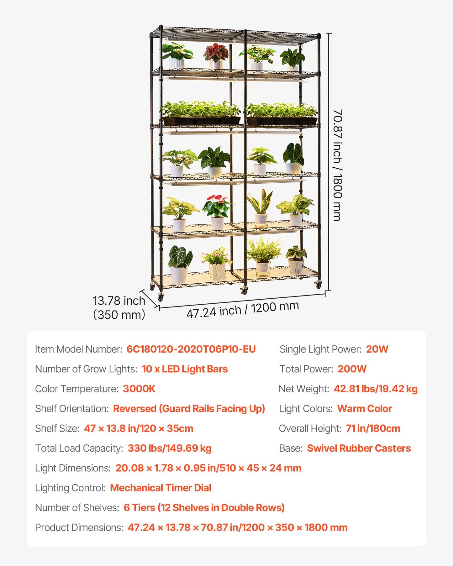 Plant Shelf with Grow Light, 6-Tier Double-Row Plant Stand, 180cm Tall Indoor Plants Display Rack with Wheels & Timer, 200W Full Spectrum Grow Lights, Metal Flower Pot Holder for Seed Starting