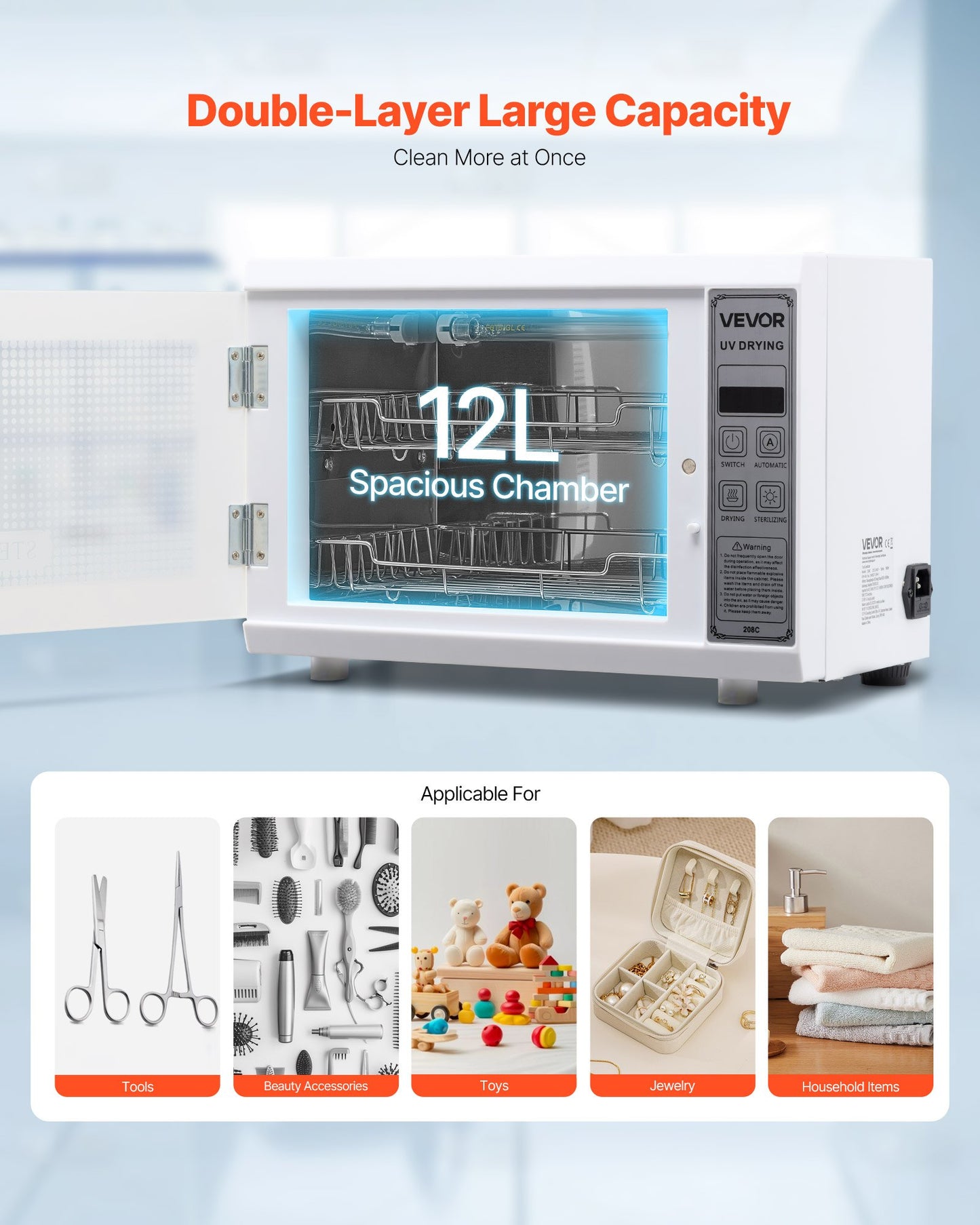 Nail Tool Cleaning Machine, 12L Large Capacity, Multi-Functional Tool Cabinet Cleaner Box with Timer Setting, Tempered Glass Door, 185nm Wavelength, for Labs, Home, Nail Salons, Beauty Salons