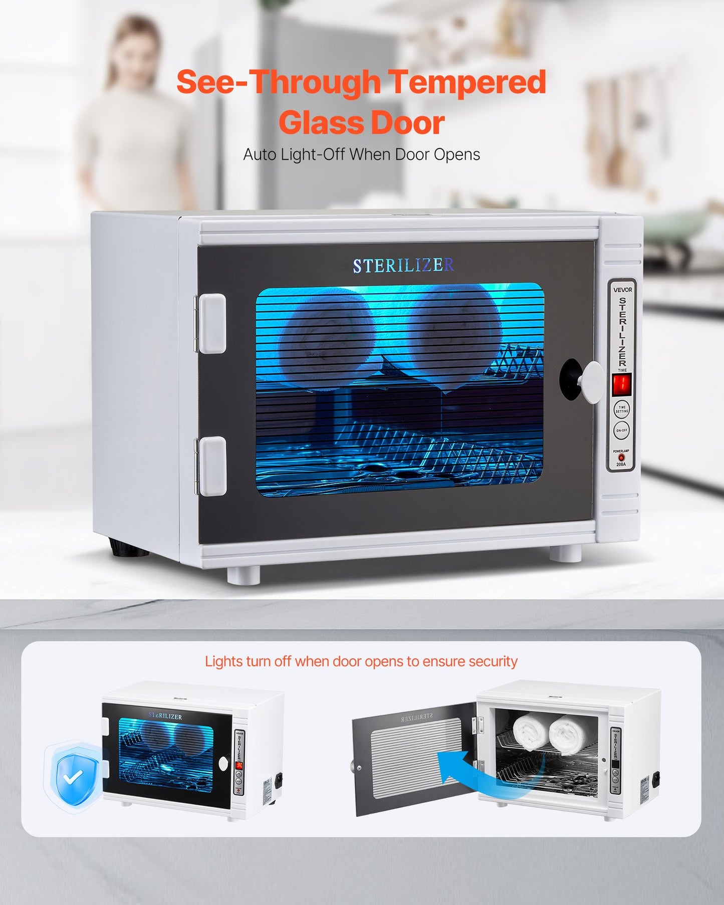 Nagelverktygsrengöringsmaskin, 12L stor kapacitet, verktygsskåpsrengöringslåda med timerinställning, härdat glasdörr, 185nm våglängd, för laboratorier, hem, nagelsalonger, hårstudior, skönhetssalonger