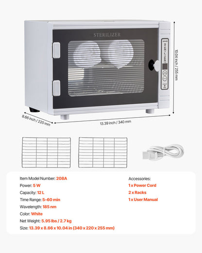 Nagelverktygsrengöringsmaskin, 12L stor kapacitet, verktygsskåpsrengöringslåda med timerinställning, härdat glasdörr, 185nm våglängd, för laboratorier, hem, nagelsalonger, hårstudior, skönhetssalonger