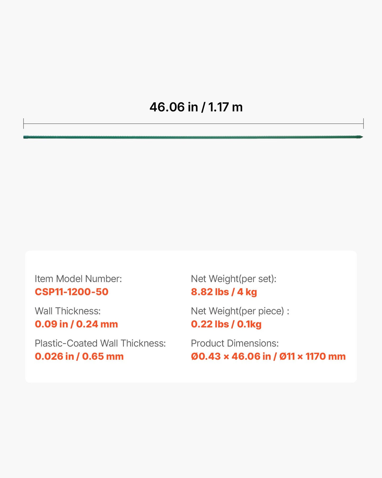 Garden Stakes, 50 Pack, 1170 mm, Plastic Coated Metal Tomato Stakes, Garden Sticks for Plants Support, with Pointed End and Non-Slip Bumps for Growing Climbing Plants, Outdoor Vegetables