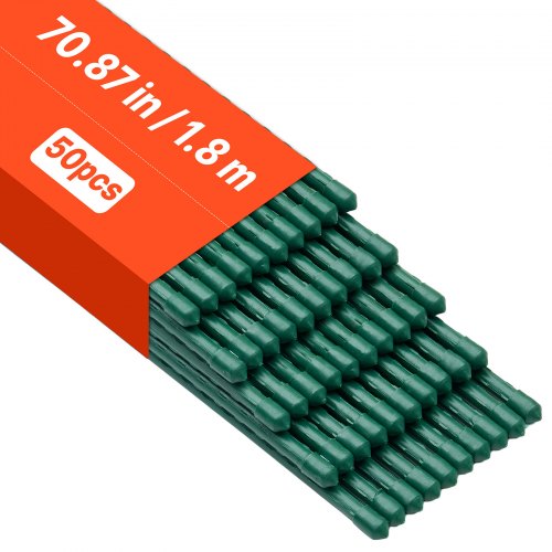 Garden Stakes, 50 Pack, 1800 mm, Plastic Coated Metal Tomato Stakes, Garden Sticks for Plants Support, with Pointed End and Non-Slip Bumps for Growing Climbing Plants, Outdoor Vegetables