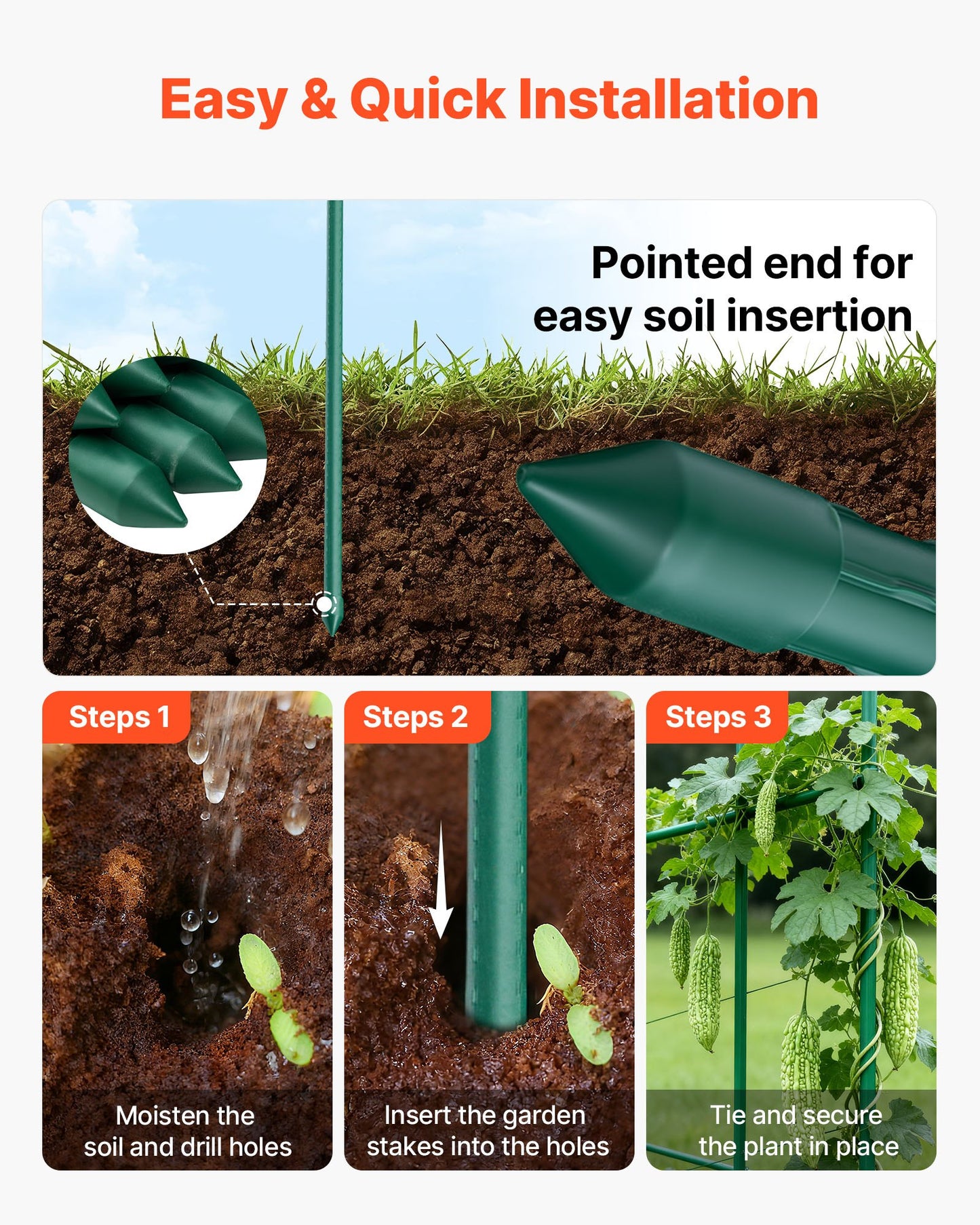 Garden Stakes, 15 Pack, 1705 mm, Plastic Coated Metal Tomato Stakes, Garden Sticks for Plants Support, with Pointed End and Non-Slip Bumps for Growing Climbing Plants, Outdoor Vegetables