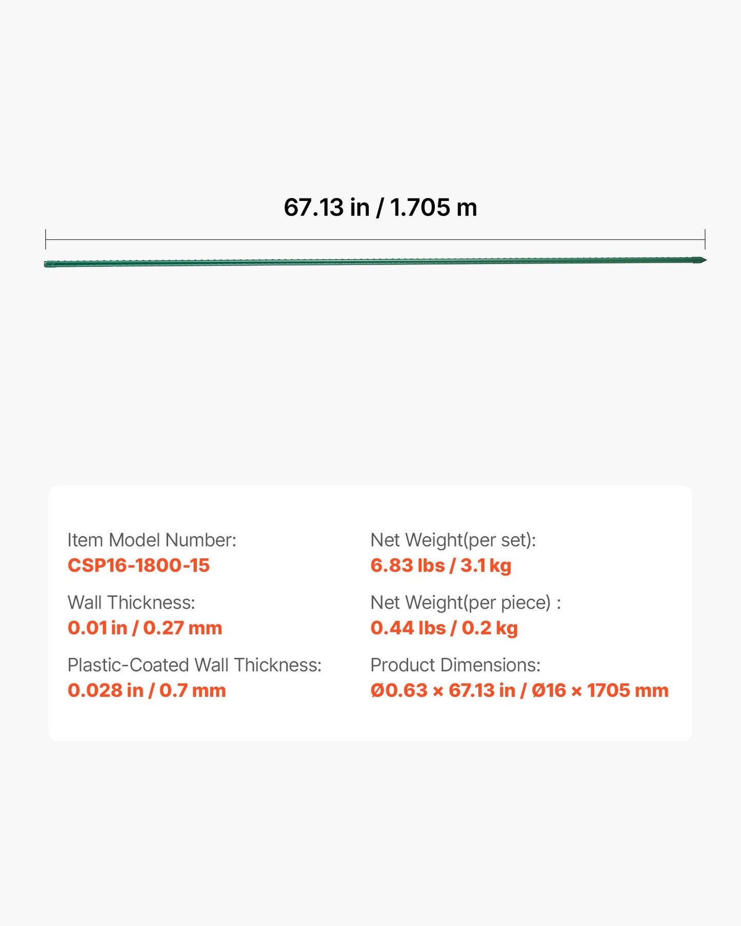 Garden Stakes, 15 Pack, 1705 mm, Plastic Coated Metal Tomato Stakes, Garden Sticks for Plants Support, with Pointed End and Non-Slip Bumps for Growing Climbing Plants, Outdoor Vegetables