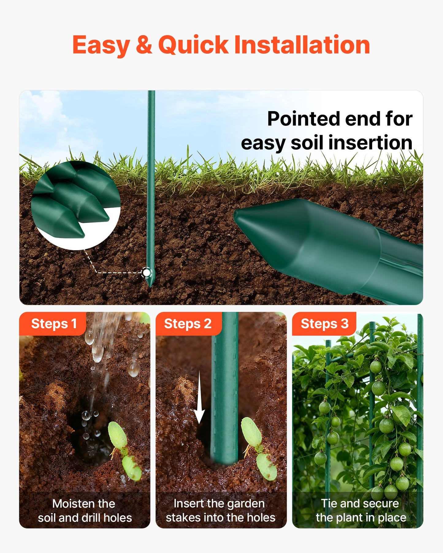 Garden Stakes, 25 Pack, 2100 mm, Plastic Coated Metal Tomato Stakes, Garden Sticks for Plants Support, with Pointed End and Non-Slip Bumps for Growing Climbing Plants, Outdoor Vegetables