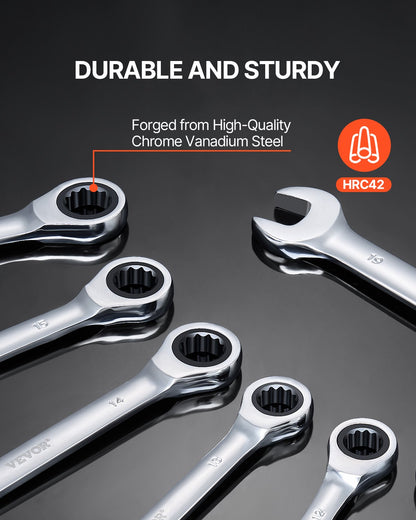 Combination Wrench Set, 8-Piece Ratcheting Wrench Set with Organizer Rack, Cr-V Steel Wrench Set Metric 8 mm to 19 mm, Ideal for General Household, Garage, Workshop, Auto Repairs, Emergency