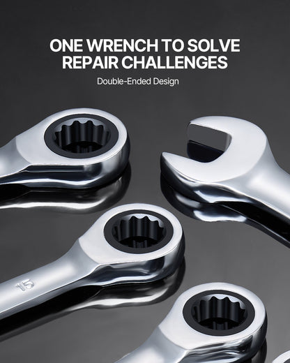 Combination Wrench Set, 8-Piece Ratcheting Wrench Set with Organizer Rack, Cr-V Steel Wrench Set Metric 8 mm to 19 mm, Ideal for General Household, Garage, Workshop, Auto Repairs, Emergency