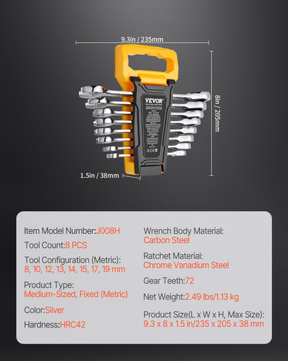 Kombinationsnyckelsats, 8-delat spärrnyckelsats med organiseringsställ, Cr-V stålnyckelsats metrisk 8 mm till 19 mm, perfekt för allmänt hushåll, garage, verkstad, bilreparationer, nödsituationer