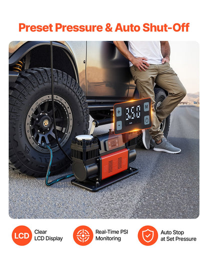 Dual-Cylinder Heavy Duty Air Compressor, 300L/min Auto-Stop Portable Tire Inflator, 12V 150PSI Offroad Air Pump with LCD Digital Display & Adapters for Truck Car SUV 4 x 4 Vehicle RV