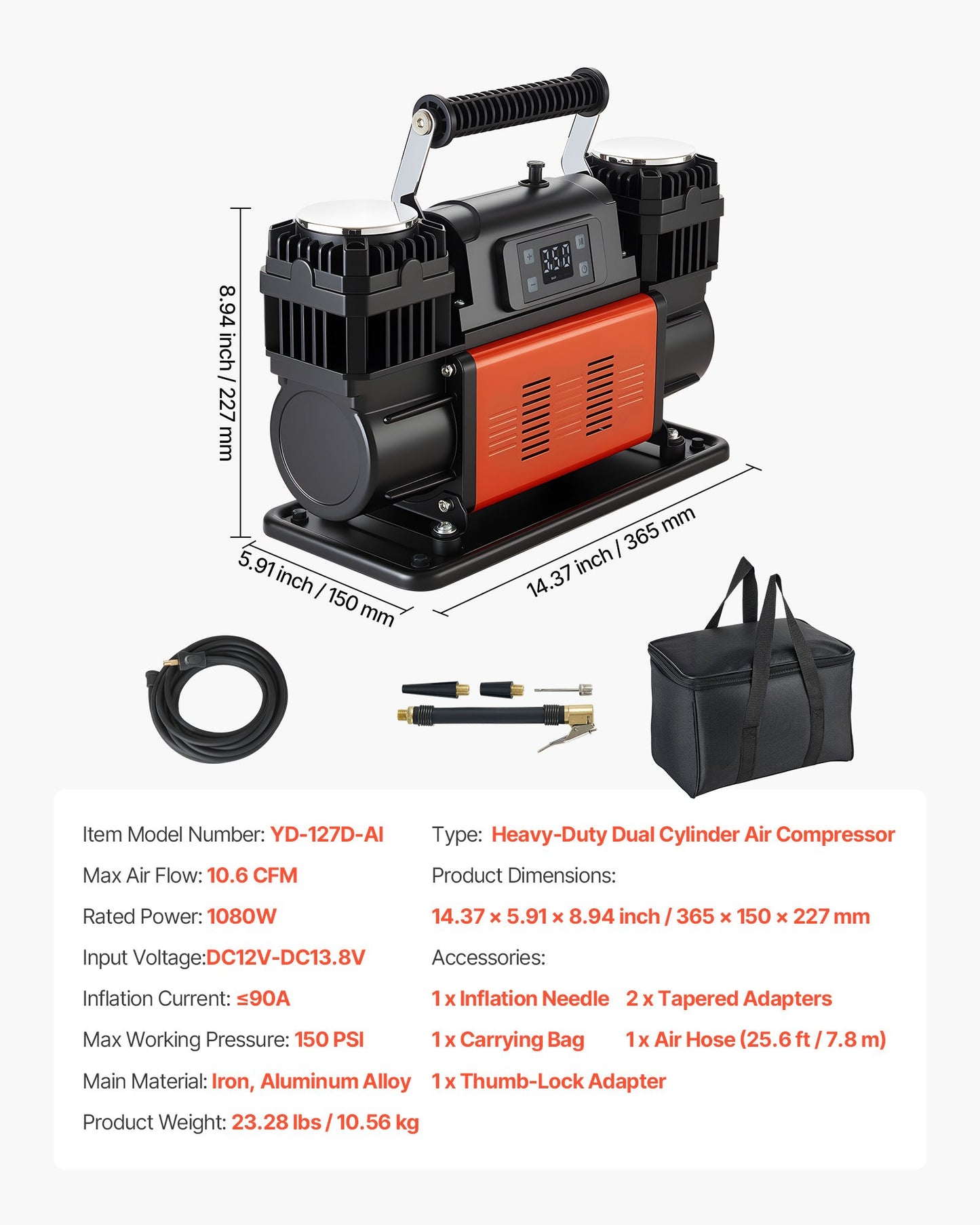 Dual-Cylinder Heavy Duty Air Compressor, 300L/min Auto-Stop Portable Tire Inflator, 12V 150PSI Offroad Air Pump with LCD Digital Display & Adapters for Truck Car SUV 4 x 4 Vehicle RV