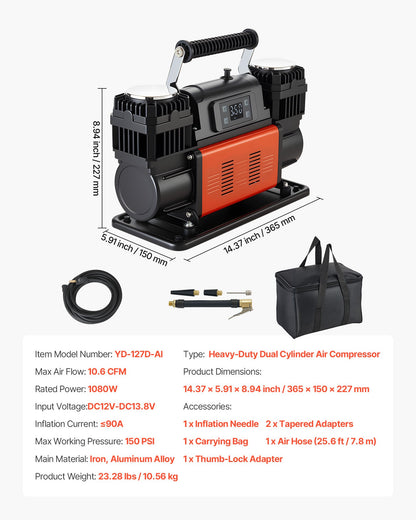 Dual-Cylinder Heavy Duty Air Compressor, 300L/min Auto-Stop Portable Tire Inflator, 12V 150PSI Offroad Air Pump with LCD Digital Display & Adapters for Truck Car SUV 4 x 4 Vehicle RV