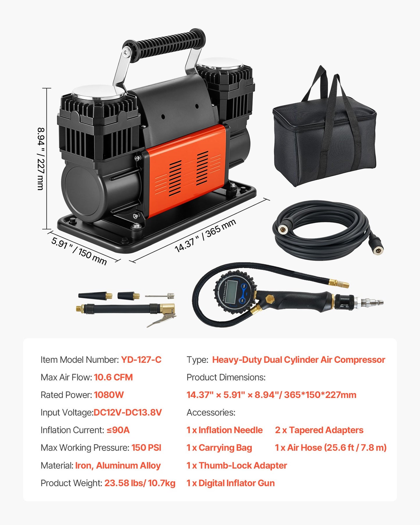 Dual-Cylinder Heavy Duty Air Compressor, 300 L/min Portable Tire Inflator, 12V 150PSI Offroad Air Pump with Digital Pressure Gauge & Adapters for Truck Car SUV 4 x 4 Vehicle RV
