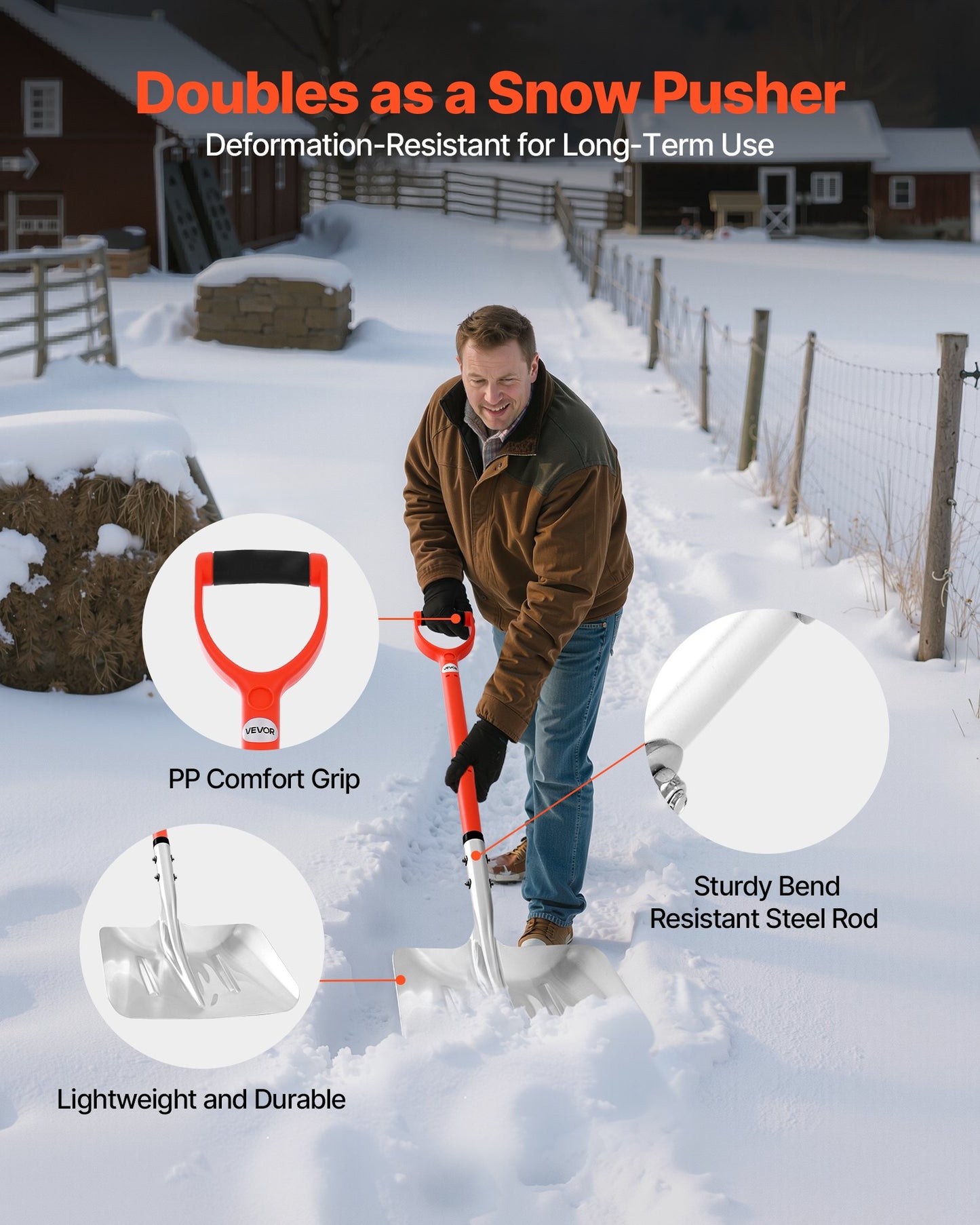 Snöskyffel för uppfart, 35 cm bred snöskyffel i aluminiumlegering med D-formade handtag, snöplogsskyfflar med stor kapacitet, lätt snöborttagningsverktyg för trädgård, bil, camping