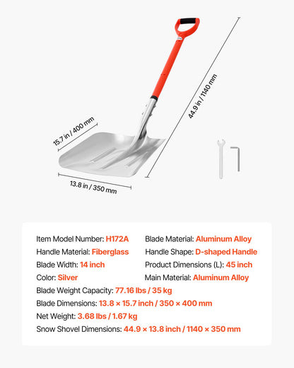 Snöskyffel för uppfart, 35 cm bred snöskyffel i aluminiumlegering med D-formade handtag, snöplogsskyfflar med stor kapacitet, lätt snöborttagningsverktyg för trädgård, bil, camping