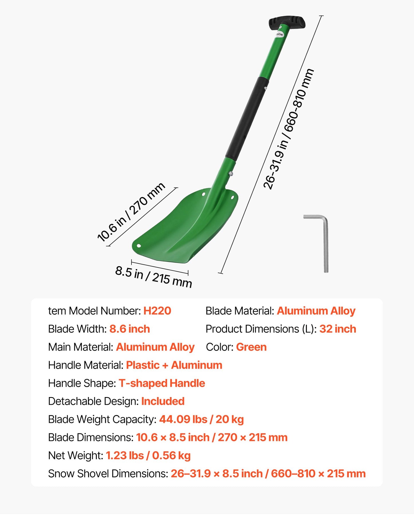 Snow Shovel for Driveway, 21.5cm Wide Aluminum Alloy Snow Shovel with T-shaped Handles, Large Capacity Snowplow Shovels, Portable & Lightweight Snows Removal Tool for Garden Car Camping