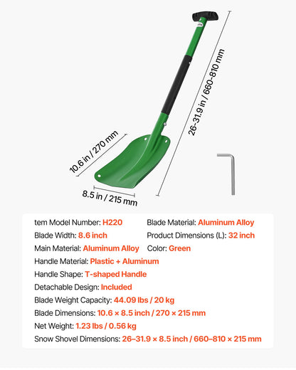 Snow Shovel for Driveway, 21.5cm Wide Aluminum Alloy Snow Shovel with T-shaped Handles, Large Capacity Snowplow Shovels, Portable & Lightweight Snows Removal Tool for Garden Car Camping
