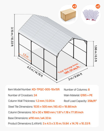 Heavy Duty Metal Carport, 10' x 15' Outdoor Carport with Galvanized Steel Frame & Roof, Car Tent Garage Shade with Removable Sidewalls, Multi-Use Car Shelter for Pickup, Boat, Car & Tractors