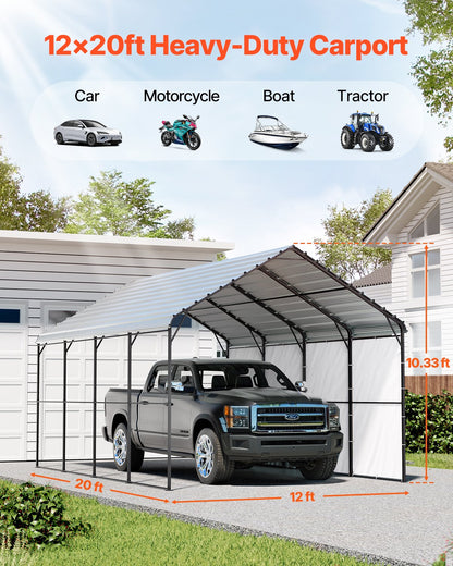 Heavy Duty Metal Carport, 12' x 20' Outdoor Carport with Galvanized Steel Frame & Roof, Car Tent Garage Shade with Removable Sidewalls, Multi-Use Car Shelter for Pickup, Boat, Car & Tractors