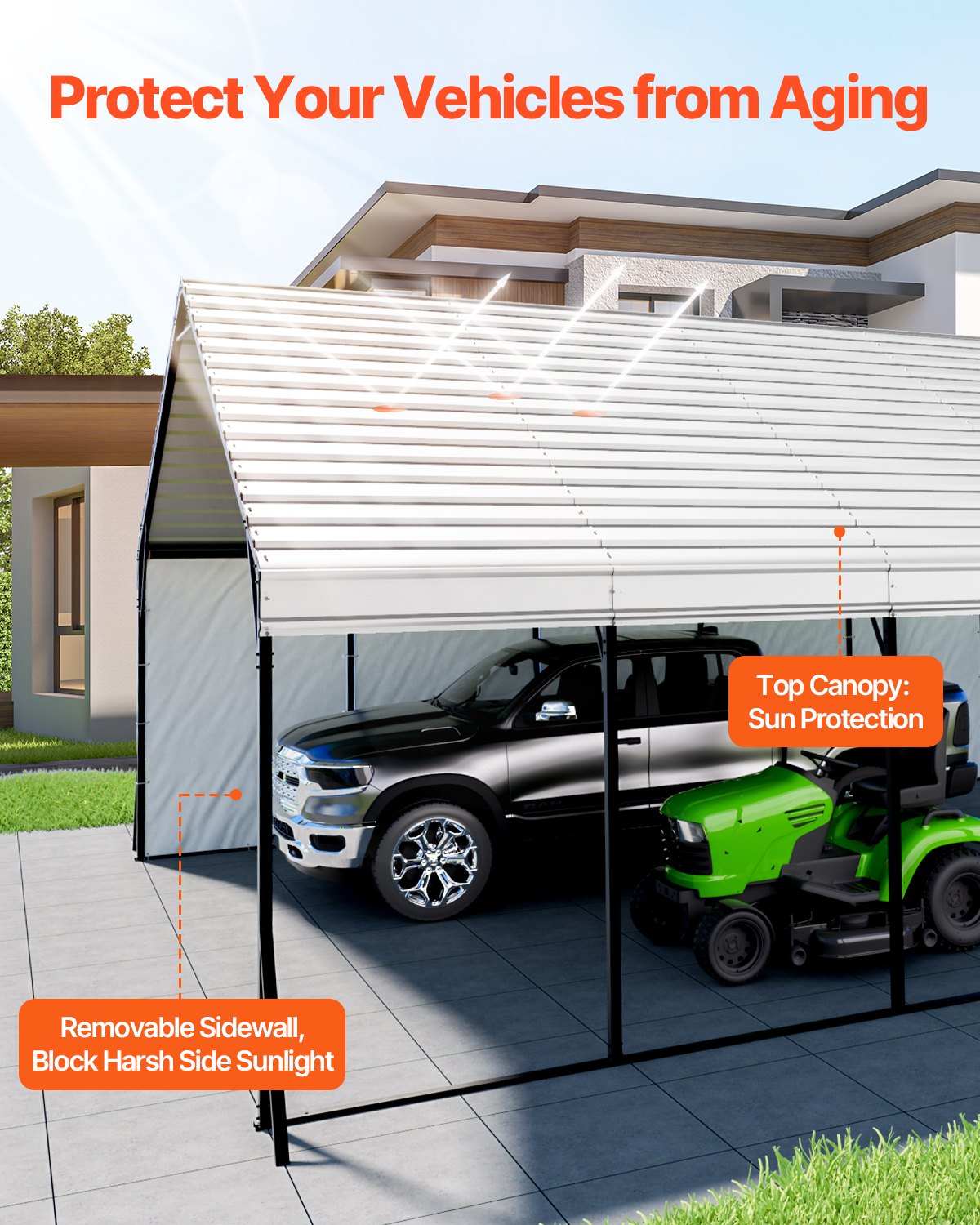 Kraftig carport i metall, 5,8 x 7,45 x 3,77 m utomhuscarport med robust ram och tak, skuggskydd för bilgarage med avtagbara sidoväggar, multifunktionellt bilskydd för pickup, båt, lastbilar och traktorer