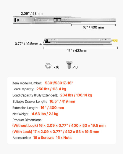 1 Pair Full Extension Drawer Slides 16 18 20 24 30 35 38 59 32 36 40 48 60 in, 250 lbs Load Capacity Locking Drawer Slides, Ball Bearing with Lock Side Mount Drawer Slide Rail