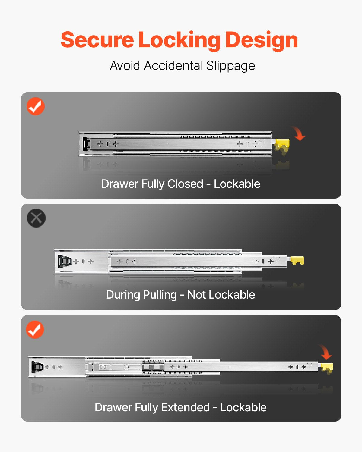 1 Pair Full Extension Drawer Slides 16 18 20 24 30 35 38 59 32 36 40 48 60 in, 250 lbs Load Capacity Locking Drawer Slides, Ball Bearing with Lock Side Mount Drawer Slide Rail