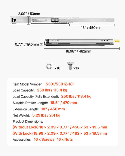 1 Pair Full Extension Drawer Slides 16 18 20 24 30 35 38 59 32 36 40 48 60 in, 250 lbs Load Capacity Locking Drawer Slides, Ball Bearing with Lock Side Mount Drawer Slide Rail