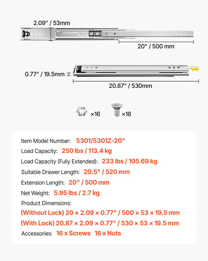 1 par lådskenor med full utdragbar låda 16 18 20 24 30 35 37,4 59 24 32 36 40 48 60 tum, 250 lbs lastkapacitet Låsbara lådskenor, kullager med låsbar sidomonterad lådskena