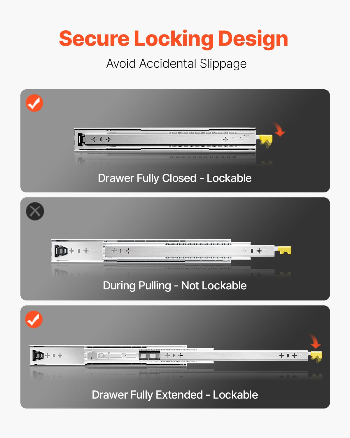 1 par lådskenor med full utdragbar låda 16 18 20 24 30 35 37,4 59 24 32 36 40 48 60 tum, 250 lbs lastkapacitet Låsbara lådskenor, kullager med låsbar sidomonterad lådskena