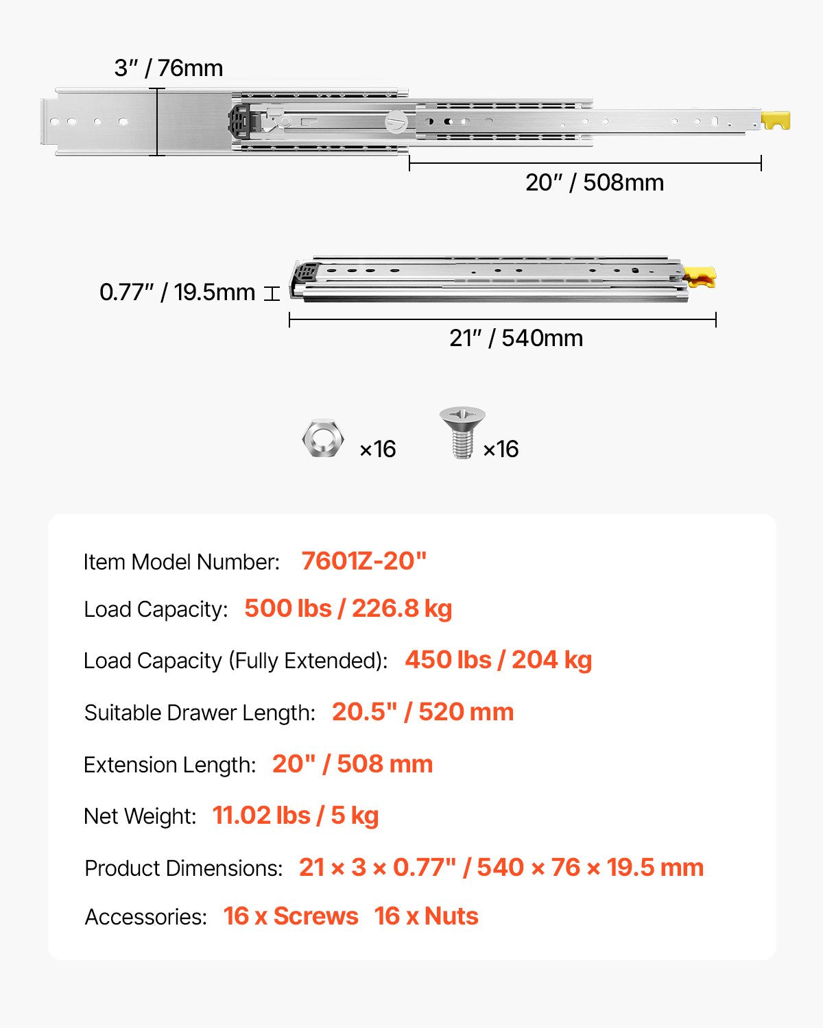 1 par lådskenor med full utdragbar låda 18 20 22 28 30 32 36 38 40 44 48 52 56 60 tum, 500 lbs lastkapacitet Låsbara lådskenor, kullager med låsbar sidomonterad lådskena