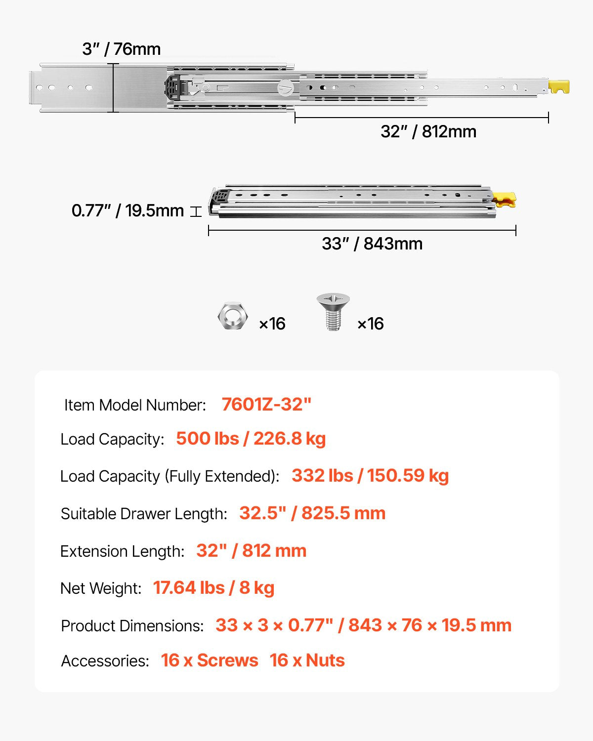 1 par lådskenor med full utdragbar låda 18 20 22 28 30 32 36 38 40 44 48 52 56 60 tum, 500 lbs lastkapacitet Låsbara lådskenor, kullager med låsbar sidomonterad lådskena