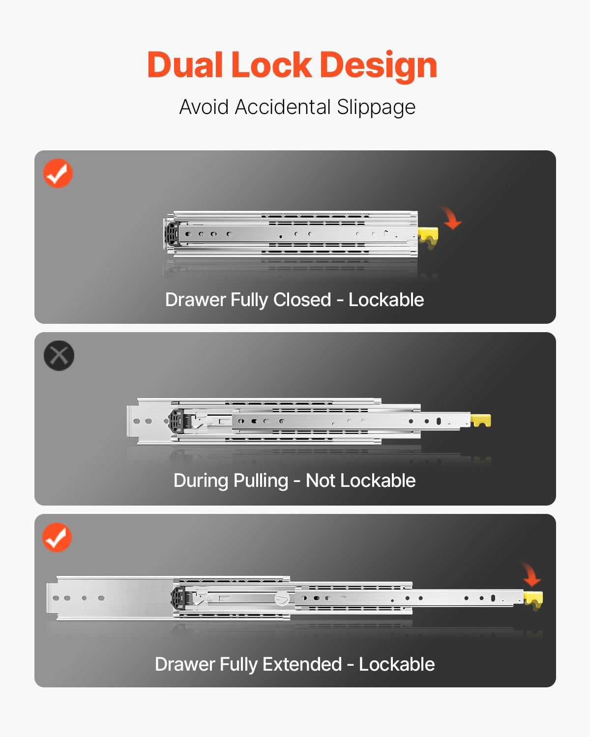 1 par lådskenor med full utdragbar låda 18 20 22 28 30 32 36 38 40 44 48 52 56 60 tum, 500 lbs lastkapacitet Låsbara lådskenor, kullager med låsbar sidomonterad lådskena