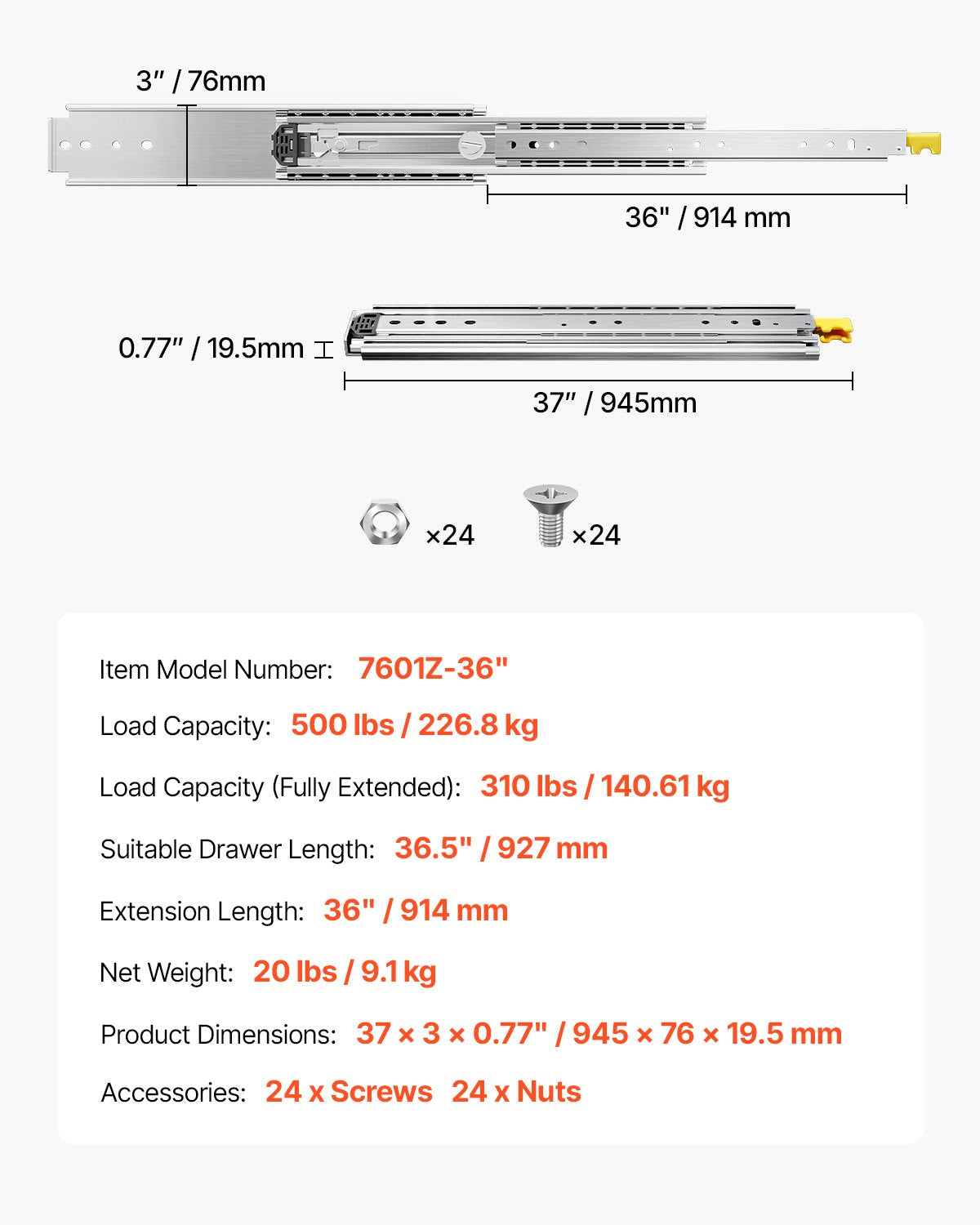 1 par lådskenor med full utdragbar låda 18 20 22 28 30 32 36 38 40 44 48 52 56 60 tum, 500 lbs lastkapacitet Låsbara lådskenor, kullager med låsbar sidomonterad lådskena