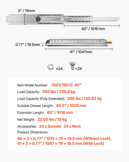 1 Pair Full Extension Drawer Slides 16 18 20 24 30 35 37.4 59 24 32 36 40 48 60 in, 500 lbs Load Capacity Locking Drawer Slides, Ball Bearing with Lock Side Mount Drawer Slide Rail