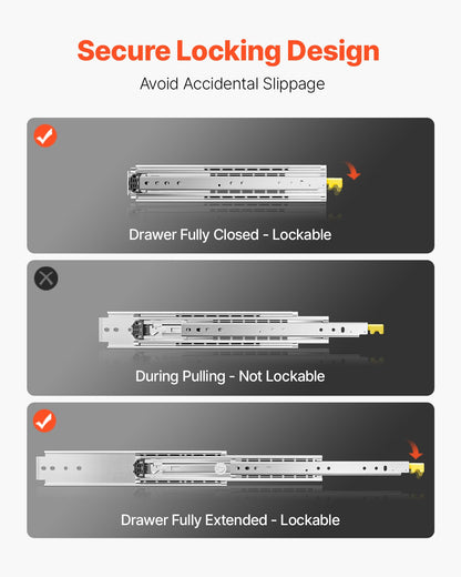 1 Pair Full Extension Drawer Slides 16 18 20 24 30 35 37.4 59 24 32 36 40 48 60 in, 500 lbs Load Capacity Locking Drawer Slides, Ball Bearing with Lock Side Mount Drawer Slide Rail