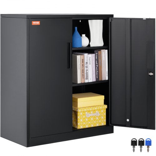 Metal Storage Cabinet with 2 Magnetic Doors and 4 Adjustable Shelves, 200 lbs Capacity per Shelf, Locking Steel Storage Cabinet, 42'' Metal Cabinet with 3 Keys, for Office, Garage, Home, Black