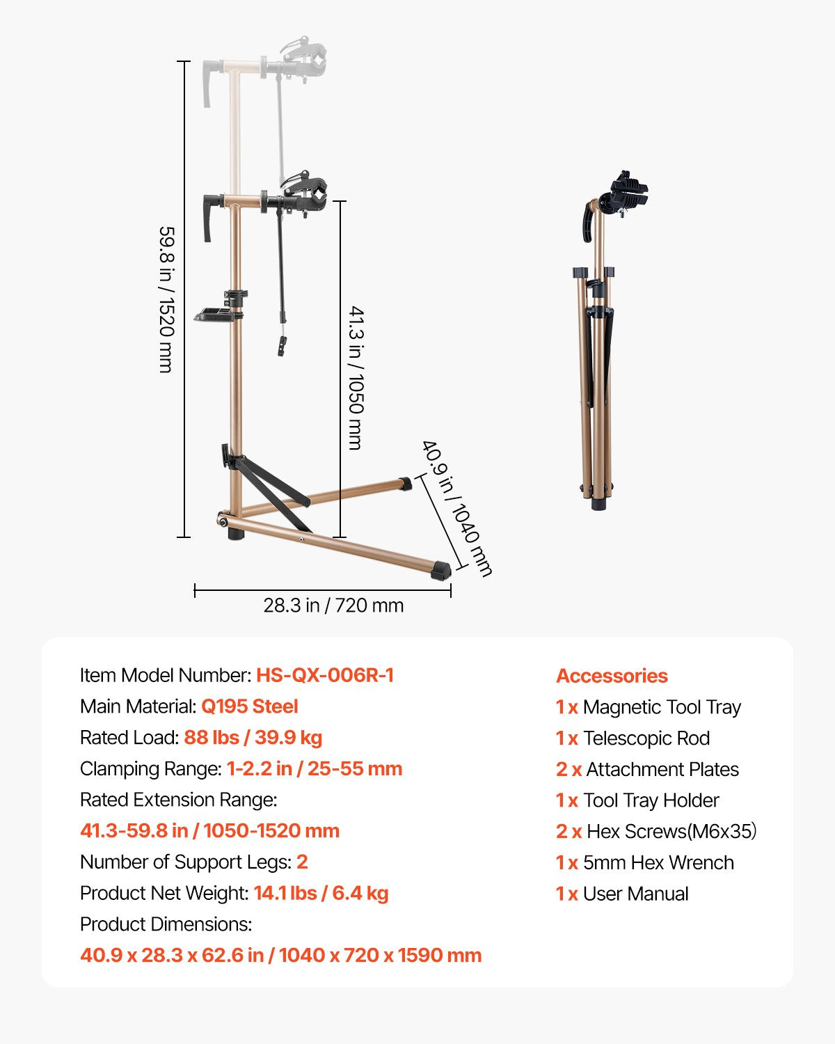 Bike Repair Stand, 88 lb Heavy-duty Bicycle Work Stand with 41.3-59.8 in Adjustable Height & Magnetic Tool Tray, Foldable Bicycle Maintenance Rack, Shop Home Mechanics for Mountain & Road Bike