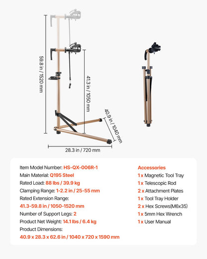 Bike Repair Stand, 88 lb Heavy-duty Bicycle Work Stand with 41.3-59.8 in Adjustable Height & Magnetic Tool Tray, Foldable Bicycle Maintenance Rack, Shop Home Mechanics for Mountain & Road Bike