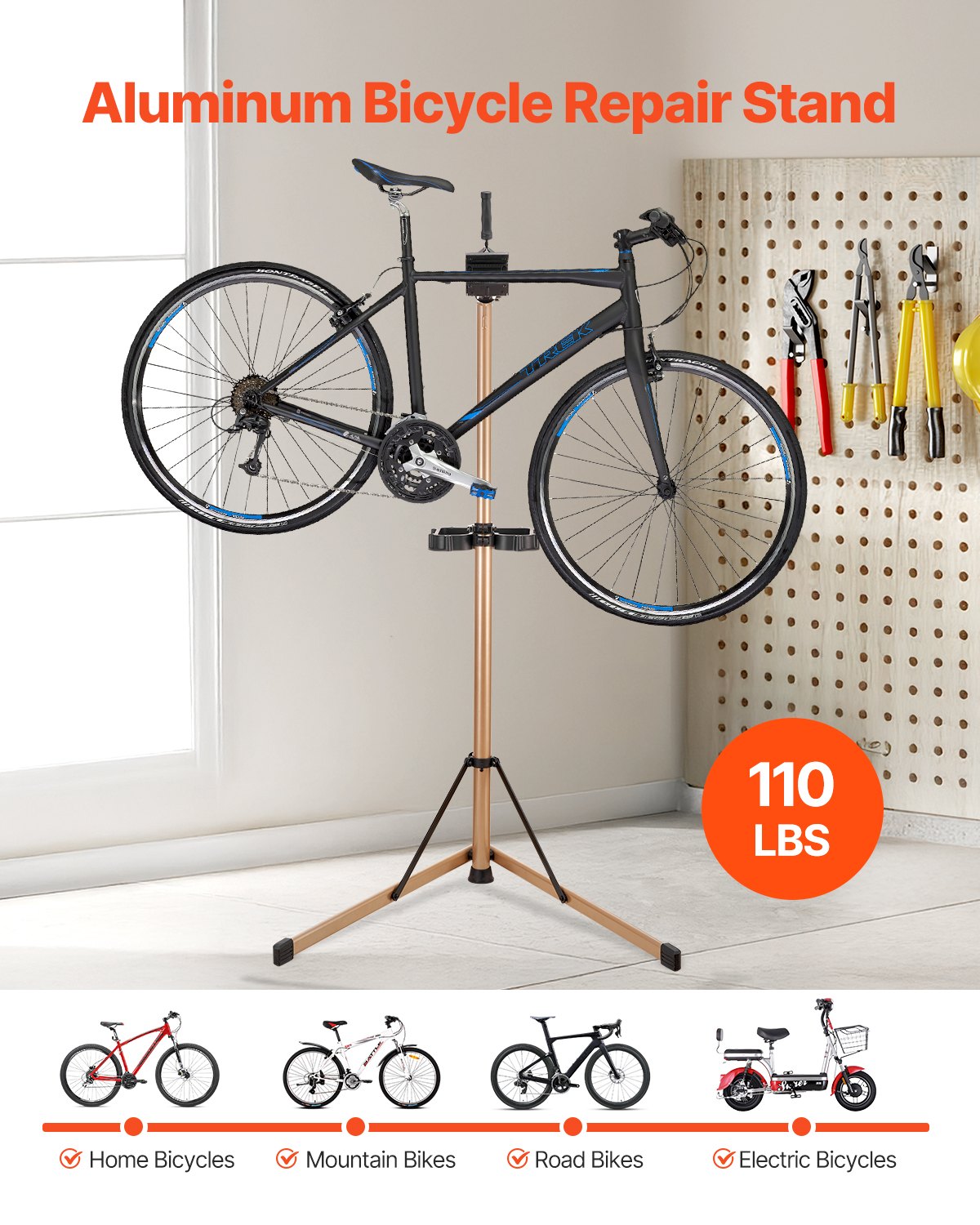 Bike Repair Stand, Max. 110 lb Heavy-duty Bicycle Work Stand with 40.3-59.4 in Adjustable Height & Large Tool Tray, Foldable Ebike Maintenance Rack, Shop Home Mechanics for Mountain Road Bike
