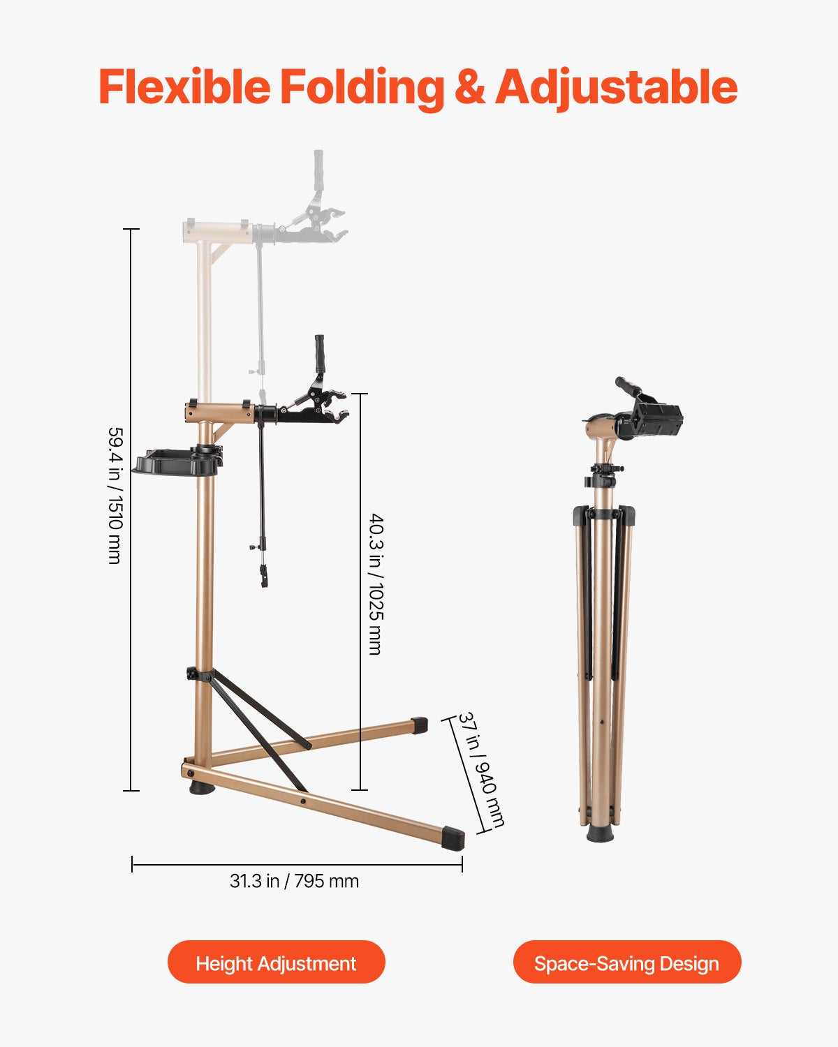 Bike Repair Stand, Max. 110 lb Heavy-duty Bicycle Work Stand with 40.3-59.4 in Adjustable Height & Large Tool Tray, Foldable Ebike Maintenance Rack, Shop Home Mechanics for Mountain Road Bike