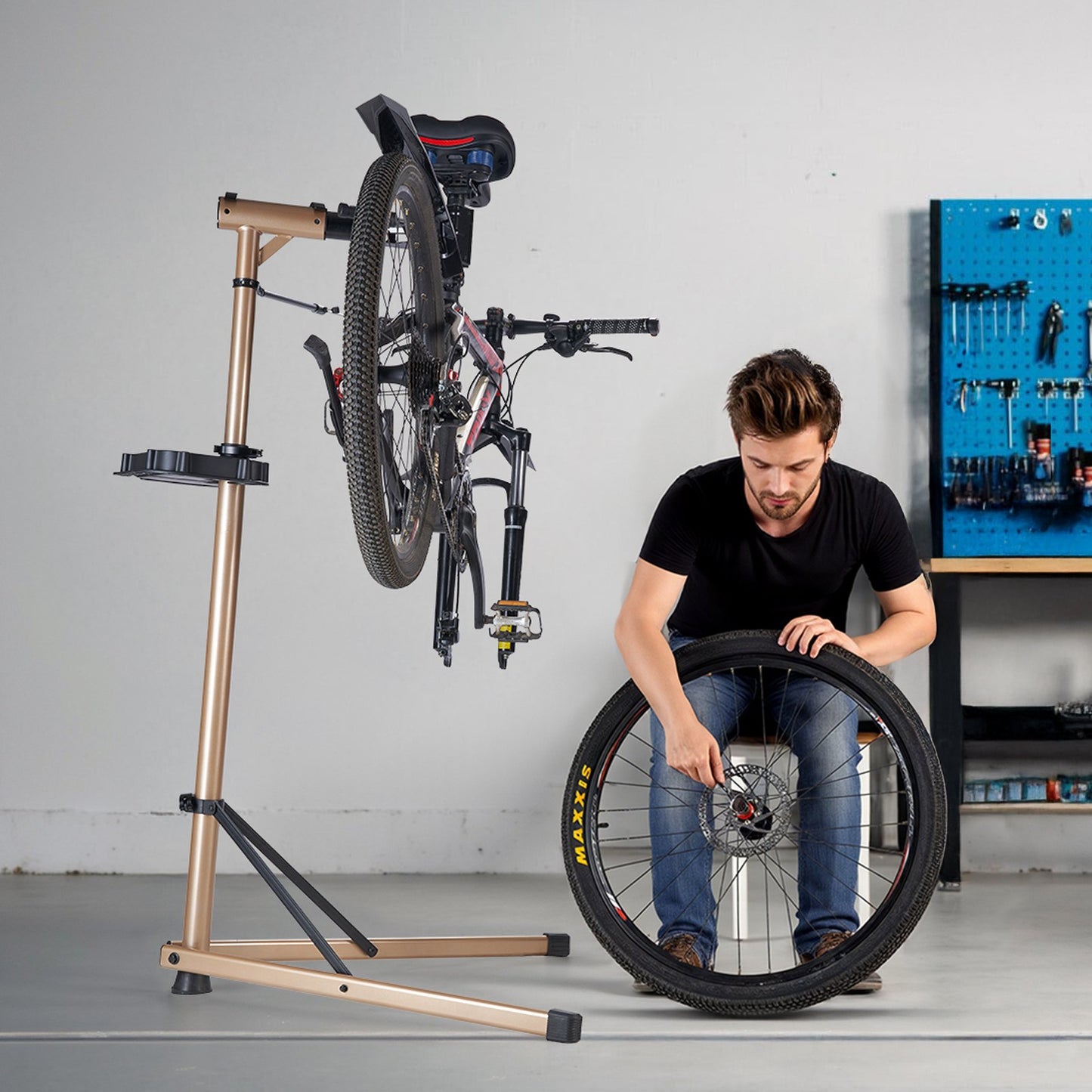 Bike Repair Stand, Max. 110 lb Heavy-duty Bicycle Work Stand with 40.3-59.4 in Adjustable Height & Large Tool Tray, Foldable Ebike Maintenance Rack, Shop Home Mechanics for Mountain Road Bike